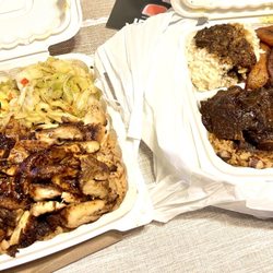 Tev's kitchen - Left-Jerk Chicken plate with Mac and Cheese and Cabbage. Right-Oxtail plate with white rice, extra gravy and cabbage.