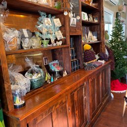 Antique display with gift items.