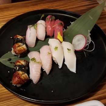 Sushi Masa - Assorted nigiri: eel, yellowtail, red snapper, tuna, escolar - Sushi Bars Near Me - Plano, Texas Sushi Masa - Assorted nigiri: eel, yellowtail, red snapper, tuna, escolar - Sushi Bars Near Me - Plano, Texas