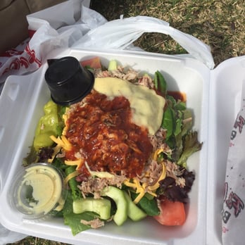 Full Moon BBQ - BBQ Salad from Full Moon BBQ (I always eat a picnic for lunch so that's why it's on the ground) - Barbeque Near Me - Hoover, Alabama Full Moon BBQ - BBQ Salad from Full Moon BBQ (I always eat a picnic for lunch so that's why it's on the ground) - Barbeque Near Me - Hoover, Alabama