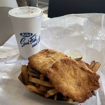 Spud Fish & Chips - True cod two 2 Piece Fish & Fries; pineapple milkshake - Seafood Near Me - Seattle, Washington