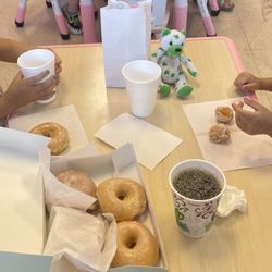 I Love Donuts - Classic glazed donuts, donut balls, black coffee, raspberry-filled donut.