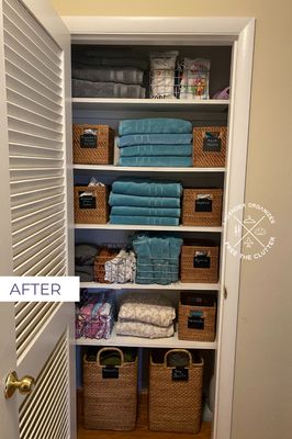 Linen Closet - The linen closet lacked any organization, making it difficult to find items. We decluttered the space, kept only the sheet sets, and organized body products, was cloths into wicker, labeled bins Linen Closet - The linen closet lacked any organization, making it difficult to find items. We decluttered the space, kept only the sheet sets, and organized body products, was cloths into wicker, labeled bins