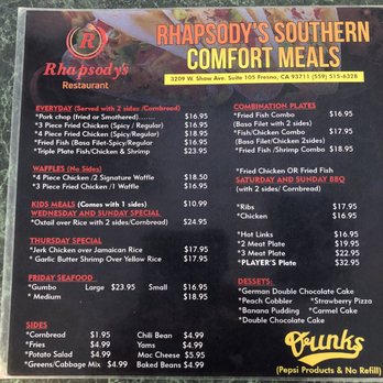 Rhapsody's Restaurant - Menu for comfort food - Southern Near Me - Fresno, California Rhapsody's Restaurant - Menu for comfort food - Southern Near Me - Fresno, California