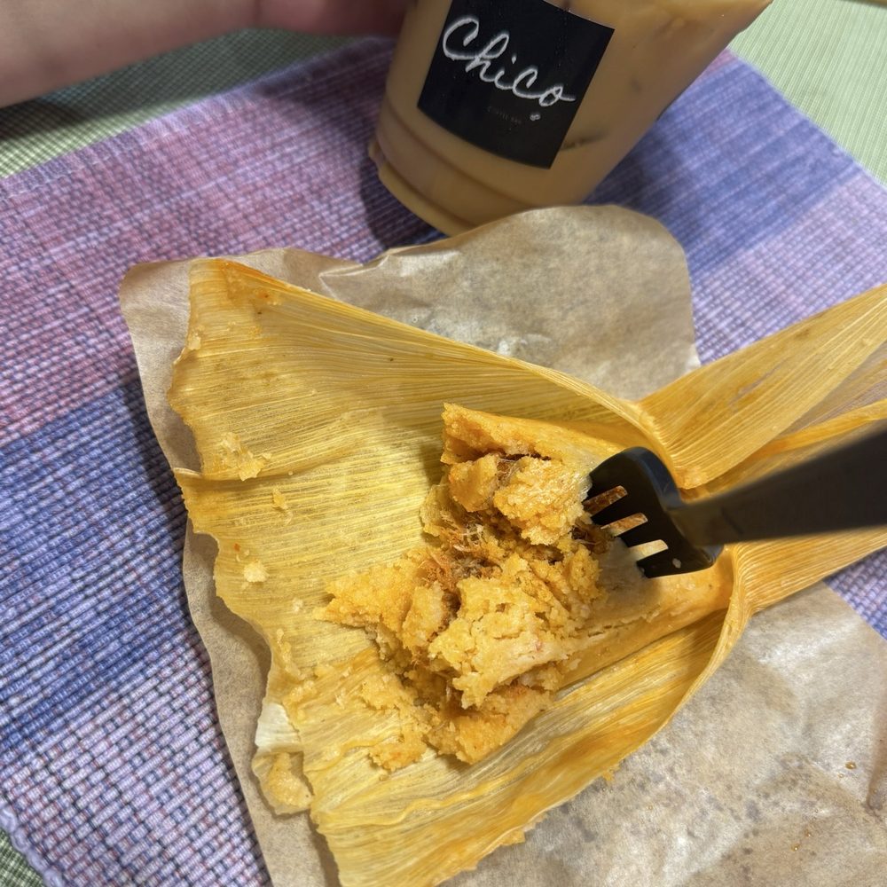 Iced Chico Cafe with a red pork tamale