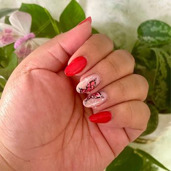 Nailspa Excel - Red and pink nail polish with a butterfly design. - Nail Salons Near Me - La Verne, California Nailspa Excel - Red and pink nail polish with a butterfly design. - Nail Salons Near Me - La Verne, California