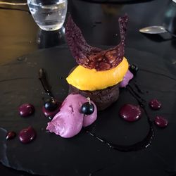 Les Papilles Insolites - Mango sorbet, chocolate fondant, raspberry crispy thingy, black currant, etc. Super good!
