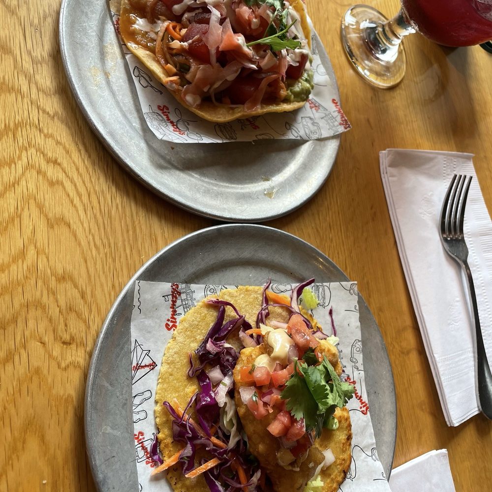 Simmzy's - Ahi Poke Tostada (top) Baja Fish Taco (bottom) - American Near Me - Manhattan Beach, California