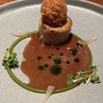 Partage - #2 dish-rabbit medallion, smoked eel croquette, cornichon purée, markets sauce - French Near Me - Las Vegas, Nevada