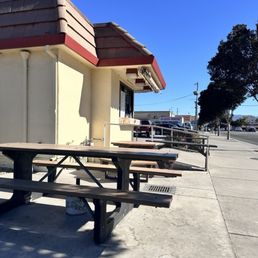 Outdoor seating in the shade or in the sun.