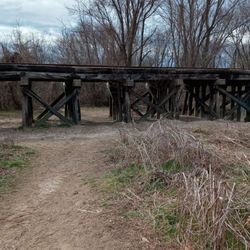 Jackson Park Dog Park - The railroad Trestle between the open field and the tree area with the creek running through it.