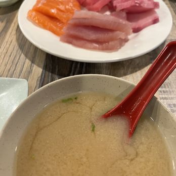 I Love Sushi - Miso Soup, Sashimi Combination (salmon, tuna, yellow tail, albacore) - Sushi Bars Near Me - Davis, California