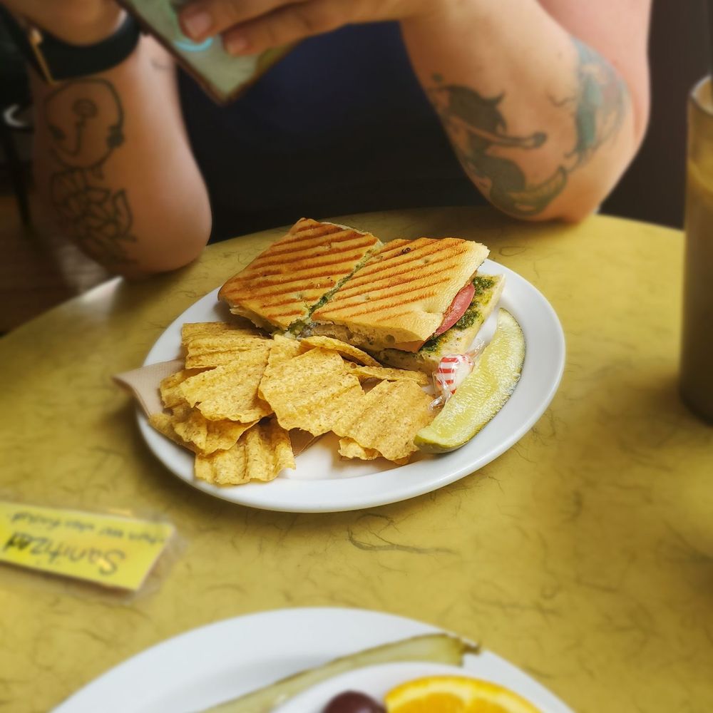 A chicken sandwich and chips