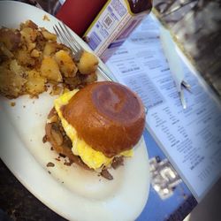 State Cafe and Grill - Roast beef & Eggs with Cheese &mushroom on a Brioche Roll
