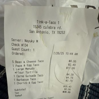 Tink a Tako - Receipt - Mexican Near Me - San Antonio, Texas Tink a Tako - Receipt - Mexican Near Me - San Antonio, Texas
