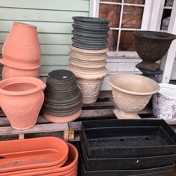Groff's Nursery - PLASTIC planters and pots. Largest is medium sized. For big ones try Lowe's/Home Depot.