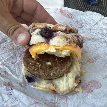 Rise Southern Biscuits & Righteous Chicken - GLAZED BLUEBERRY SAUSAGE, EGG & CHEESE - Chicken Shop Near Me - Cary, North Carolina Rise Southern Biscuits & Righteous Chicken - GLAZED BLUEBERRY SAUSAGE, EGG & CHEESE - Chicken Shop Near Me - Cary, North Carolina