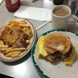 Chili cheese fries and a double goopie with egg. Good lord.