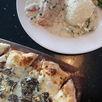 Lalla Grill Oceanside - Wild Mushroom Flatbread and Crab Stuffed Salmon - Seafood Near Me - Monterey, California Lalla Grill Oceanside - Wild Mushroom Flatbread and Crab Stuffed Salmon - Seafood Near Me - Monterey, California