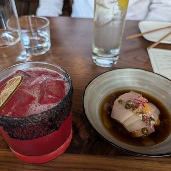 Uchibā Austin - Hama Chili crudo, Subarashi reposado cocktail, Classic highball toki whiskey cocktail (uses highly charged fizzy water) - Cocktail Bars Near Me - Austin, Texas