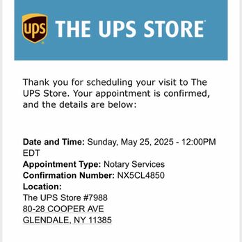 The UPS Store - Appointment confirmation. - Shipping Centers Near Me - Glendale, New York