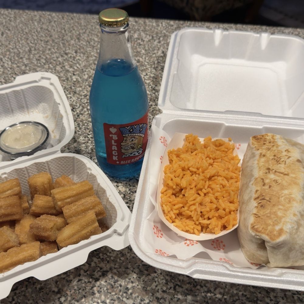 Blackjack's Burritos - Hot Honey Burrito with rice and churros. - Tex-Mex Near Me - Acushnet, Massachusetts