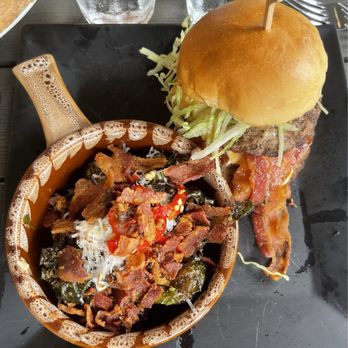 Charred - Charred Burger (bacon, pimento cheese, peppers) with Side Brussels with bacon - Pizza Near Me - Midlothian, Virginia Charred - Charred Burger (bacon, pimento cheese, peppers) with Side Brussels with bacon - Pizza Near Me - Midlothian, Virginia