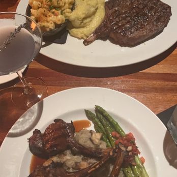 J. Gilbert's Wood-Fired Steaks & Seafood - lamb rack with mushroom risotto and a side of asparagus. cowboy cut with yukon mashed potatoes and lobster mac and cheese ($6 up-charge) - Steakhouses Near Me - Overland Park, Kansas