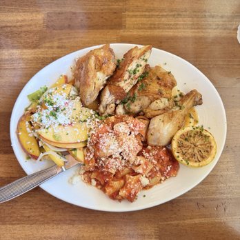 Heirloom - Lemon Herb Roasted 1/2 Chicken with Rigatoni and Peach Salad ($19) - New American Near Me - Fresno, California