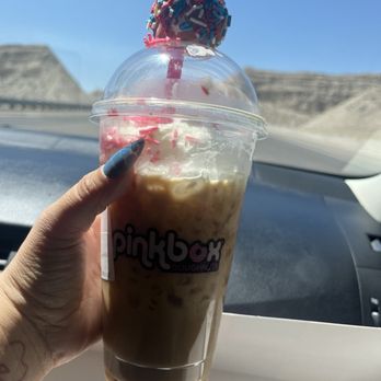 Pinkbox Doughnuts - Even the coffee has a mini donut! I'd skip the whip & sprinkles next time bc once melted, it changed the coffee flavor & made it too sweet - Donuts Near Me - Laughlin, Nevada Pinkbox Doughnuts - Even the coffee has a mini donut! I'd skip the whip & sprinkles next time bc once melted, it changed the coffee flavor & made it too sweet - Donuts Near Me - Laughlin, Nevada