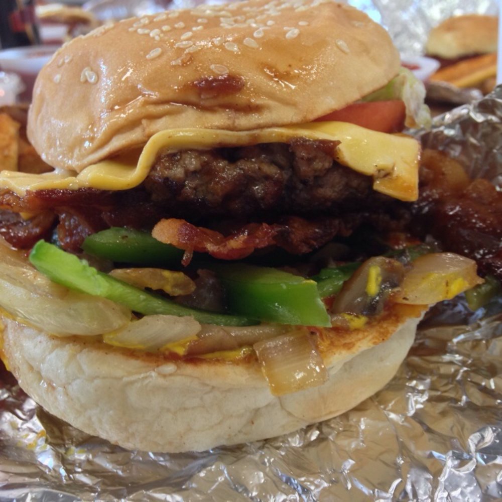 $6.09 for a little bacon cheeseburger all the way with green peppers and A1 $6.09 for a little bacon cheeseburger all the way with green peppers and A1