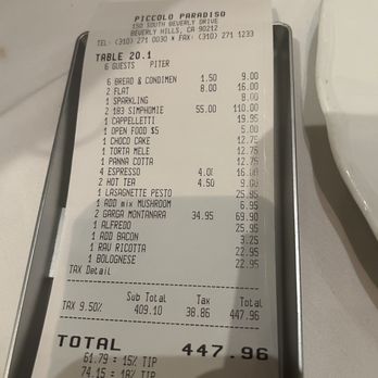Piccolo Paradiso - Price breakdown, dinner of 6 people - Italian Near Me - Beverly Hills, California