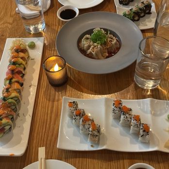 Beyond Sushi - (left to right) Rainbow Roll, Pork Shumai, Mighty Mushroom Roll & Spicy Tuna Roll. - Vegan Near Me - New York, New York Beyond Sushi - (left to right) Rainbow Roll, Pork Shumai, Mighty Mushroom Roll & Spicy Tuna Roll. - Vegan Near Me - New York, New York