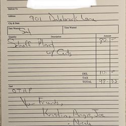 Ann Smith's Florist - The original order invoice
