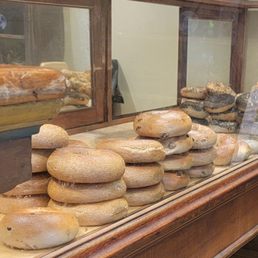 Fresh bagels in vintage showcase Fresh bagels in vintage showcase