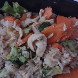 Asian Grill - Tried to use the scoop of so called fried rice to soak up the water, didn't work. The white thing in the middle is chicken