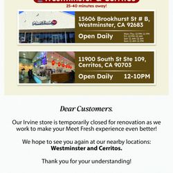 Meet Fresh - Our Irvine store is temporarily closed for renovation! We hope to see you nearby at Westminster and Cerritos