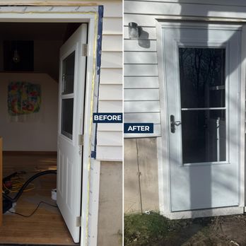 365 Door & Opening Systems - Before and after exterior side door replacement -- opening preparation, insulation, weather sealing, and finish trim installation. - Door Sales/Installation Near Me - Halifax, Nova Scotia