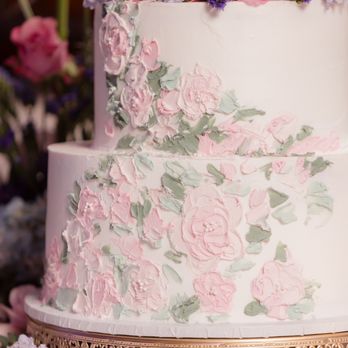 Sweet Addictions Cakery - a white wedding cake with pink and blue flowers - Custom Cakes Near Me Sweet Addictions Cakery - a white wedding cake with pink and blue flowers - Custom Cakes Near Me