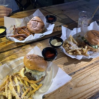 LoKal - The Got Shroom Brg, the Lokal Burger and the Miami Heat Burger, two with truffle fries and one with sweet potato fries. - Burgers Near Me - Miami, Florida LoKal - The Got Shroom Brg, the Lokal Burger and the Miami Heat Burger, two with truffle fries and one with sweet potato fries. - Burgers Near Me - Miami, Florida