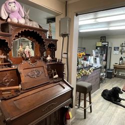 Boilerworks Cafe - Inside the shop featuring the Pump Organ and the house Dog Shasta.