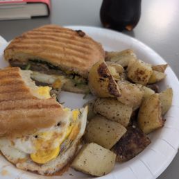 Breakfast panini with sausage, cheddar, spinach, and tomato. Breakfast panini with sausage, cheddar, spinach, and tomato.