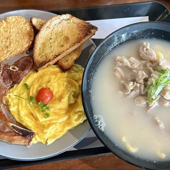Chan Kee - Pork chop, scrambled eggs, hash, macaroni soup - $12 - Breakfast & Brunch Near Me - Diamond Bar, California