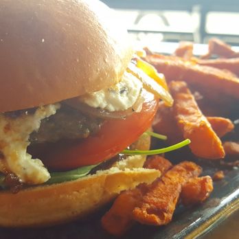 Biergarden Encinitas - Fig Burger with goat cheese and arugula. Sweet potato fries were booommmb - New American Near Me - Encinitas, California Biergarden Encinitas - Fig Burger with goat cheese and arugula. Sweet potato fries were booommmb - New American Near Me - Encinitas, California