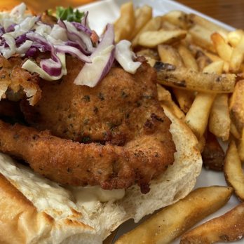 Kathrin's Biergarten - Chicken schnitzel sandwich (which we shared - it's big!) - German Near Me - Rocklin, California Kathrin's Biergarten - Chicken schnitzel sandwich (which we shared - it's big!) - German Near Me - Rocklin, California