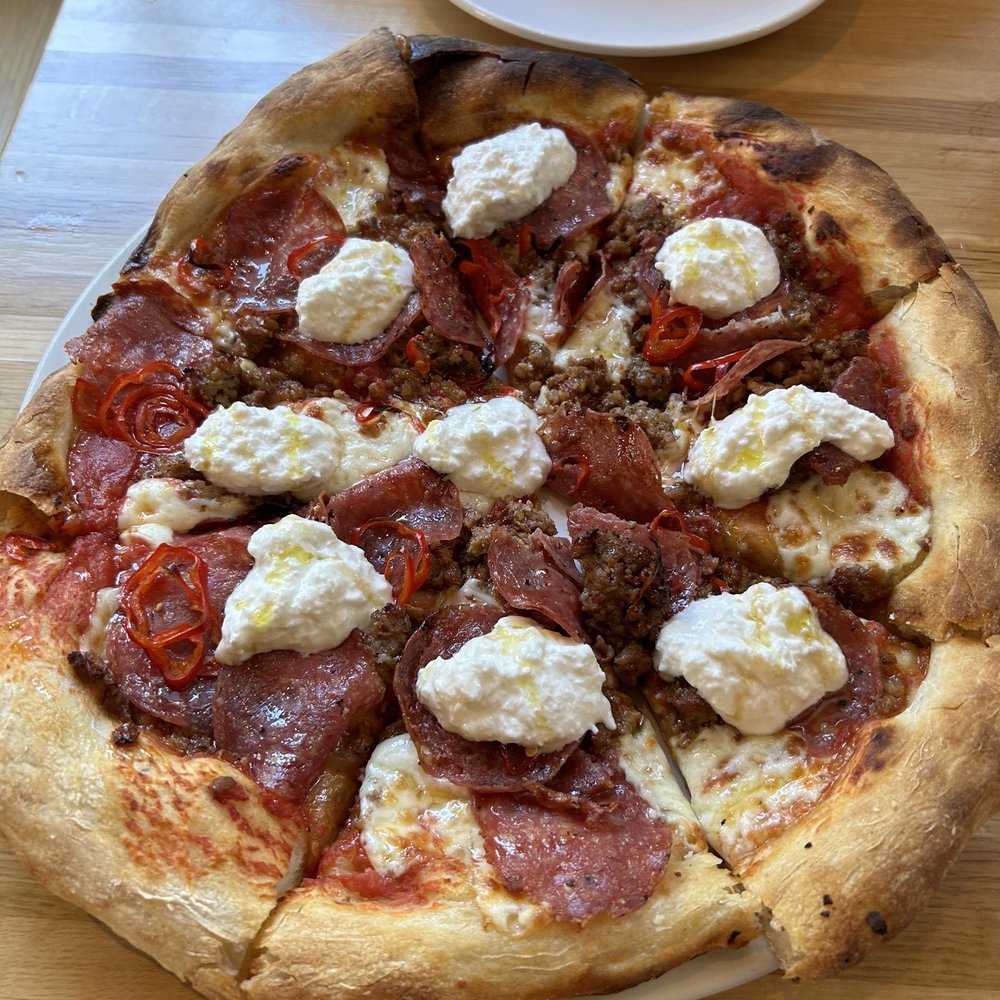 The Wylder - Bronco pizza salumi, pickled fresno chilis, burrata added Italian sausage and hot honey.  Excellent choice! - Pizza Near Me - Boise, Idaho