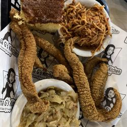 Mama G’s Kitchen - Catfish strips, spicy cabbage, spaghetti, and cornbread