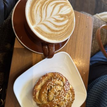 Walnut Street Coffee - Garlic and thyme knot and oat milk latte - Coffee & Tea Near Me - Edmonds, Washington