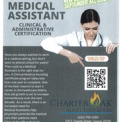 Charter Oak Adult Education - Next class begins September 30th. Info meetings scheduled. Scan the QR code for more information or to register.