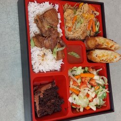 Global Cuisine By Blesame - Our Bento Box special is consist of Chicken adobo bedded with steam rice, springrolls, house salad, pancit(noodles) and a dessert